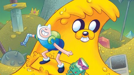 Finn surfing on Jake, who is mutated into a wave