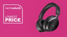 The Bose QuietComfort Ultra on a pink background with text saying Lowest Price next to them.