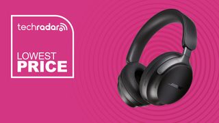 The Bose QuietComfort Ultra on a pink background with text saying Lowest Price next to them.