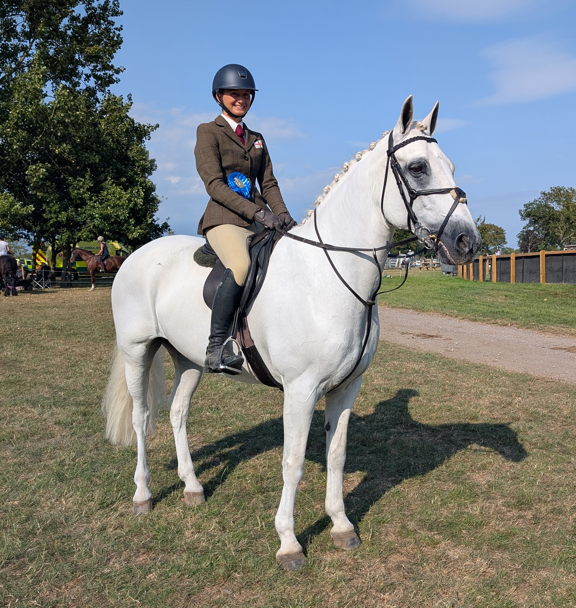 A winning grey 153cm working hunter pony stood outside the ring at Hickstead's Royal International Horse Show