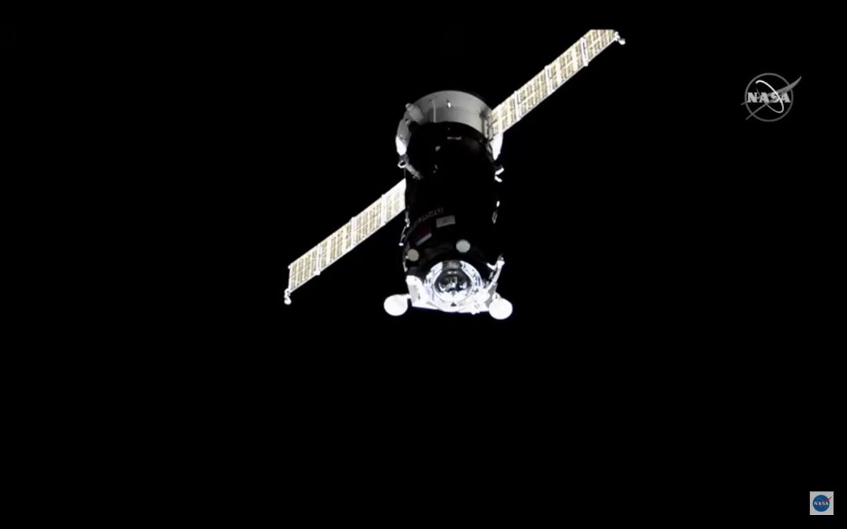 Russia&#039;s robotic Progress 80 cargo spacecraft approaches the International Space Station for docking on Feb. 17, 2022.