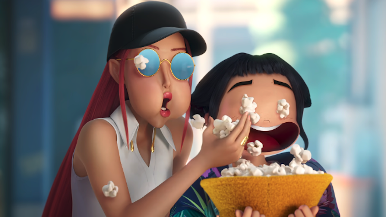 Mira eating the popcorn coming out of Zoey&#039;s eyes into her bucket hat in KPop Demon Hunters