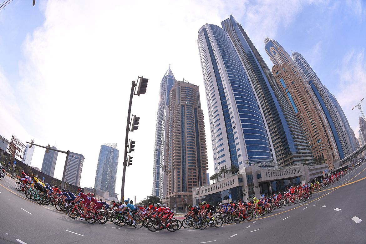 The Dubai skyscrapers provide the backdrop for the start of the stage