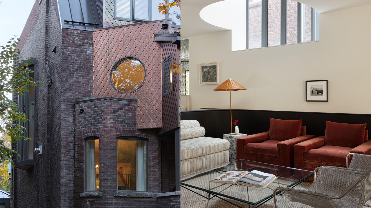 an exterior of a home and a living room with red chairs