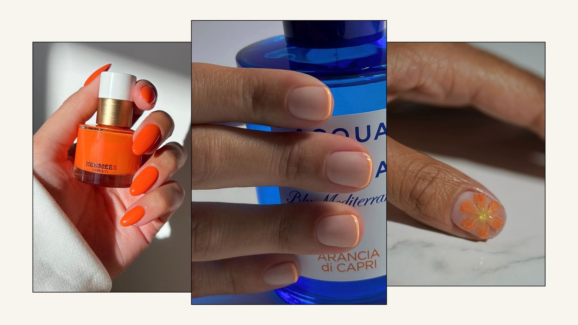 Collage of orange nail designs