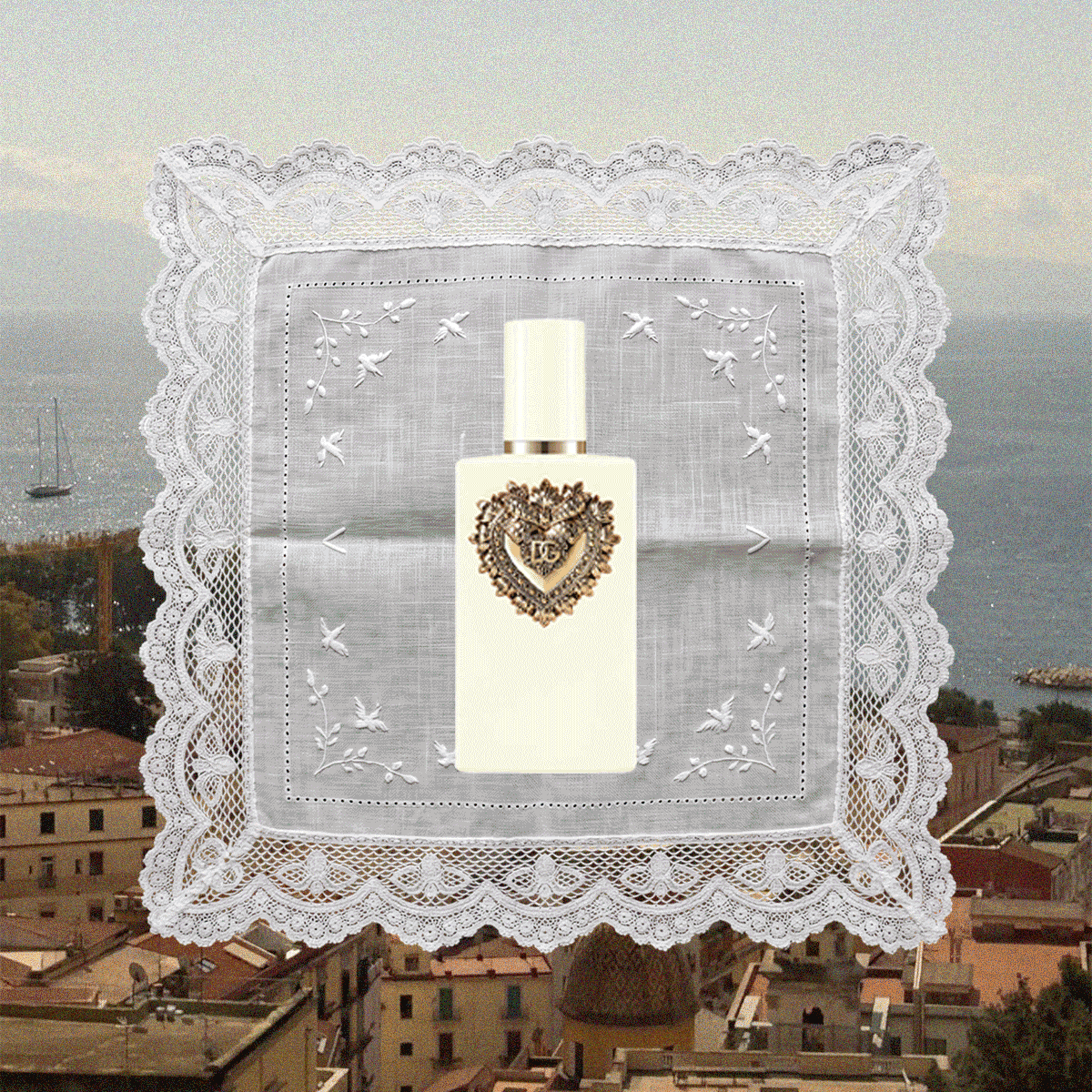 Image of Dolce and Gabbana's new scent, Your Devotion Eau de Parfum Intense against images captured in Naples, Italy.