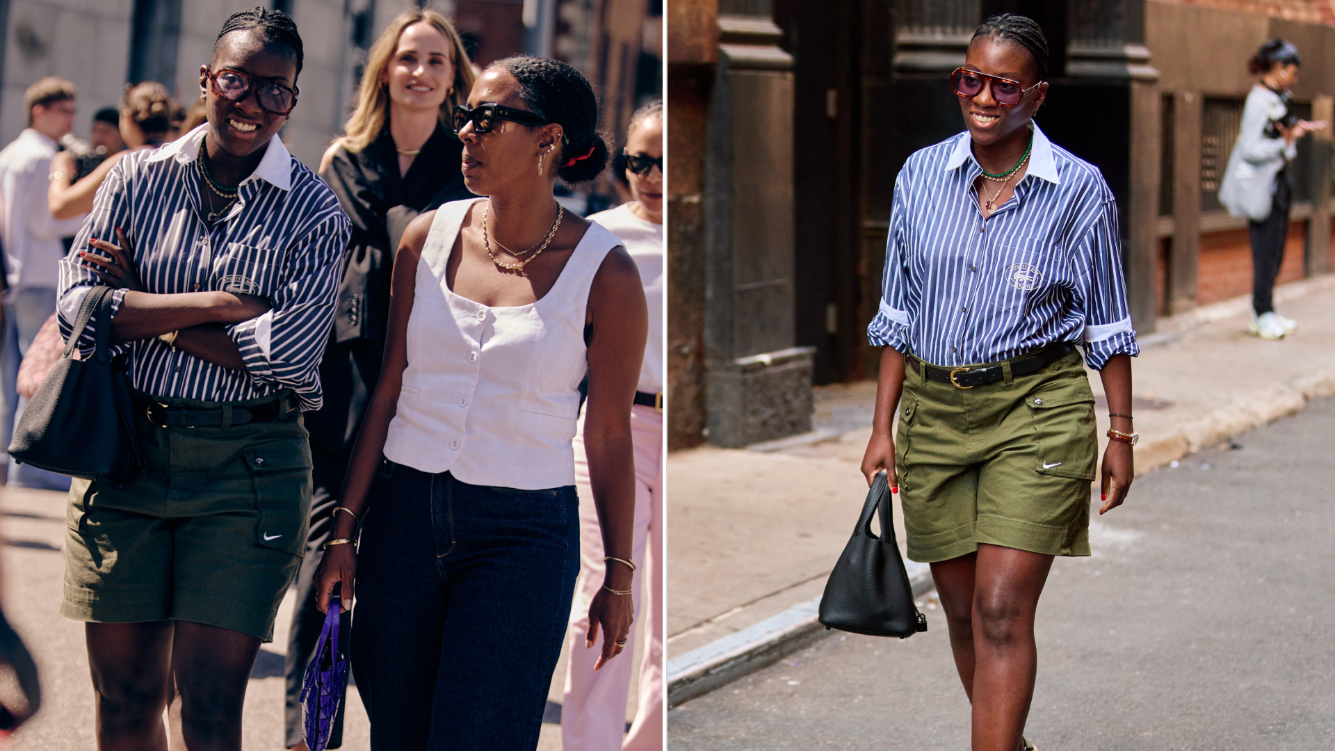 Split image of Nikki ogunnaike wearing striped shirt and green shorts 