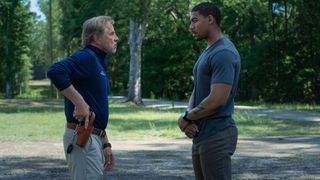 Don Johnson as Chief Sandy Burnne and Aaron Pierre as Terry Richmond facing off in Rebel Ridge