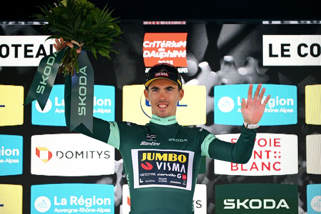 LE COTEAU FRANCE JUNE 06 EDITORS NOTE Alternate crop Christophe Laporte of France and Team JumboVisma celebrates at podium as Green points jersey winner during the 75th Criterium du Dauphine 2023 Stage 3 a 1941km stage from MonistrolsurLoire to Le Coteau UCIWT on June 06 2023 in Le Coteau France Photo by Dario BelingheriGetty Images