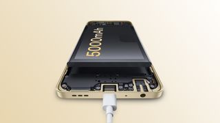 Oppo F23 5G phone with charging cable plugged in