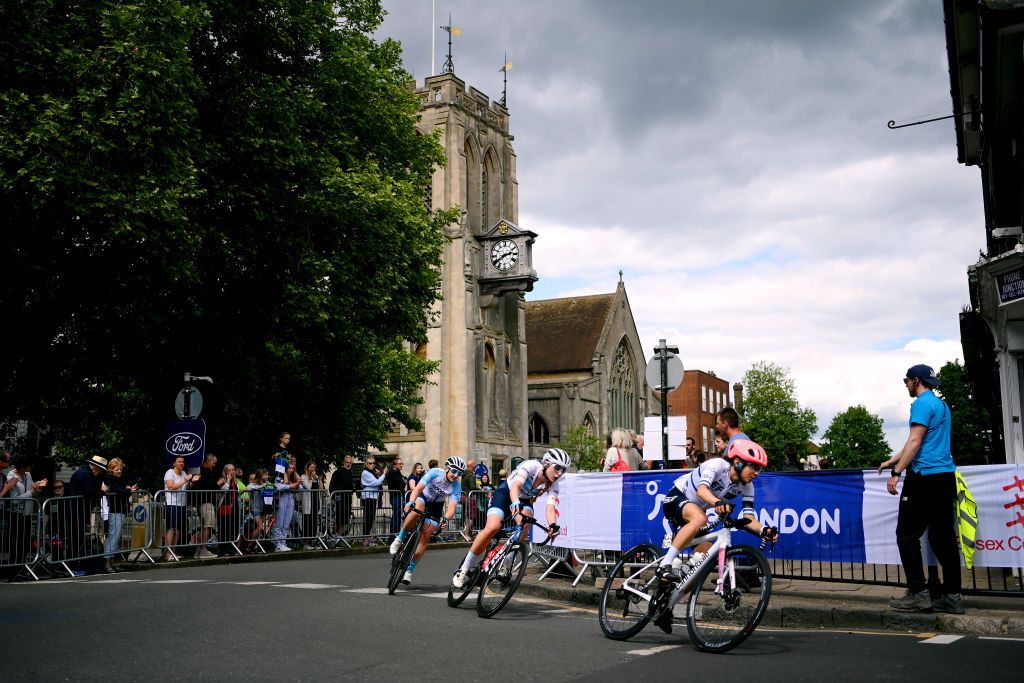 EPPING ENGLAND MAY 28 LR Elynor Backstedt of United Kingdom and Team Trek Segafredo and Omer Shapira of Israel and Team EF Education Tibco Svb compete during the 5th RideLondon Classique 2022 Stage 2 a 1417km stage from Chelmsford to Epping RideLondon UCIWWT on May 28 2022 in Epping England Photo by Justin SetterfieldGetty Images
