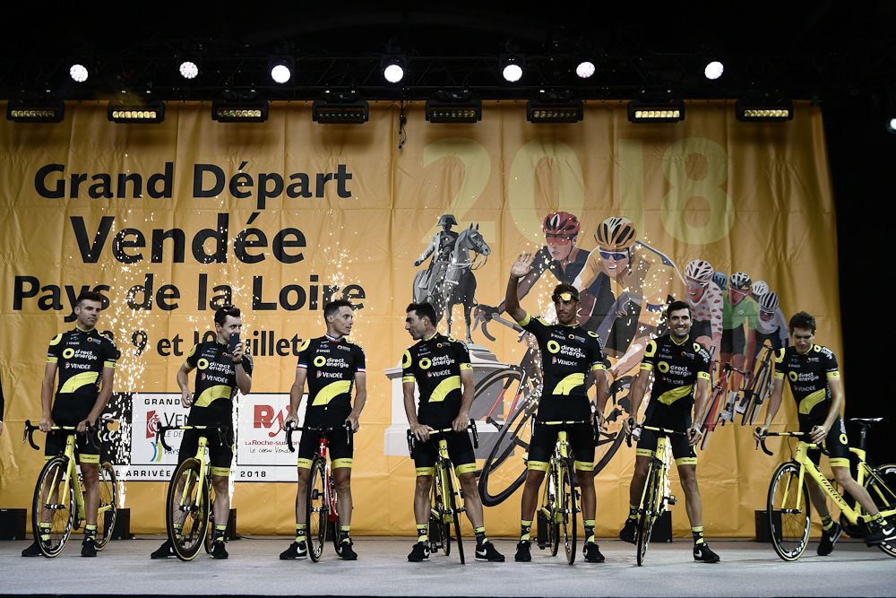 Direct Energie riders greet fans on stage at the 2018 Tour de France team presentation
