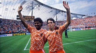 Frank Rijkaard (L) and Marco van Basten (R) celebrate after the European Championship final between Netherlands and USSR at the Olympiastadion, June 25, 1988 in Munich, Germany. (Photo by VI Images via Getty Images)