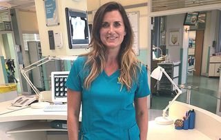 New Holby City recruit Dawn Steele in her scrubs as General Surgeon Ange Godard