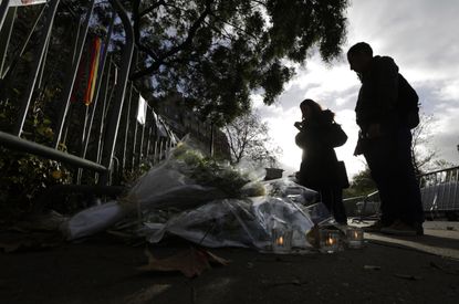 A makeshift memorial is erected near the Bataclan concert hall in Paris, France.