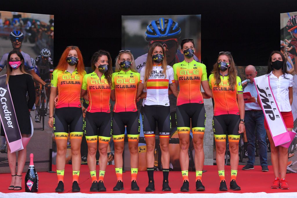 Spanish road race &ndash; and time trial &ndash; champion Mavi Garc&iacute;a and her Al&eacute; BTC Ljubljana teammates are presented to the crowd during the teams presentation for the 2020 Giro Rosa