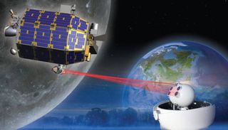 An artist's conception of NASA's moon-bound LADEE spacecraft using lasers to communicate with Earth.