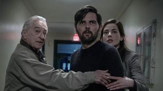 The Whisper Man. (L-R) Robert De Niro as Peter Willis, Adam Scott as Tom Kennedy and Michelle Monaghan as Amanda Beck in The Whisper Man. Cr. David Lee/Netflix © 2026