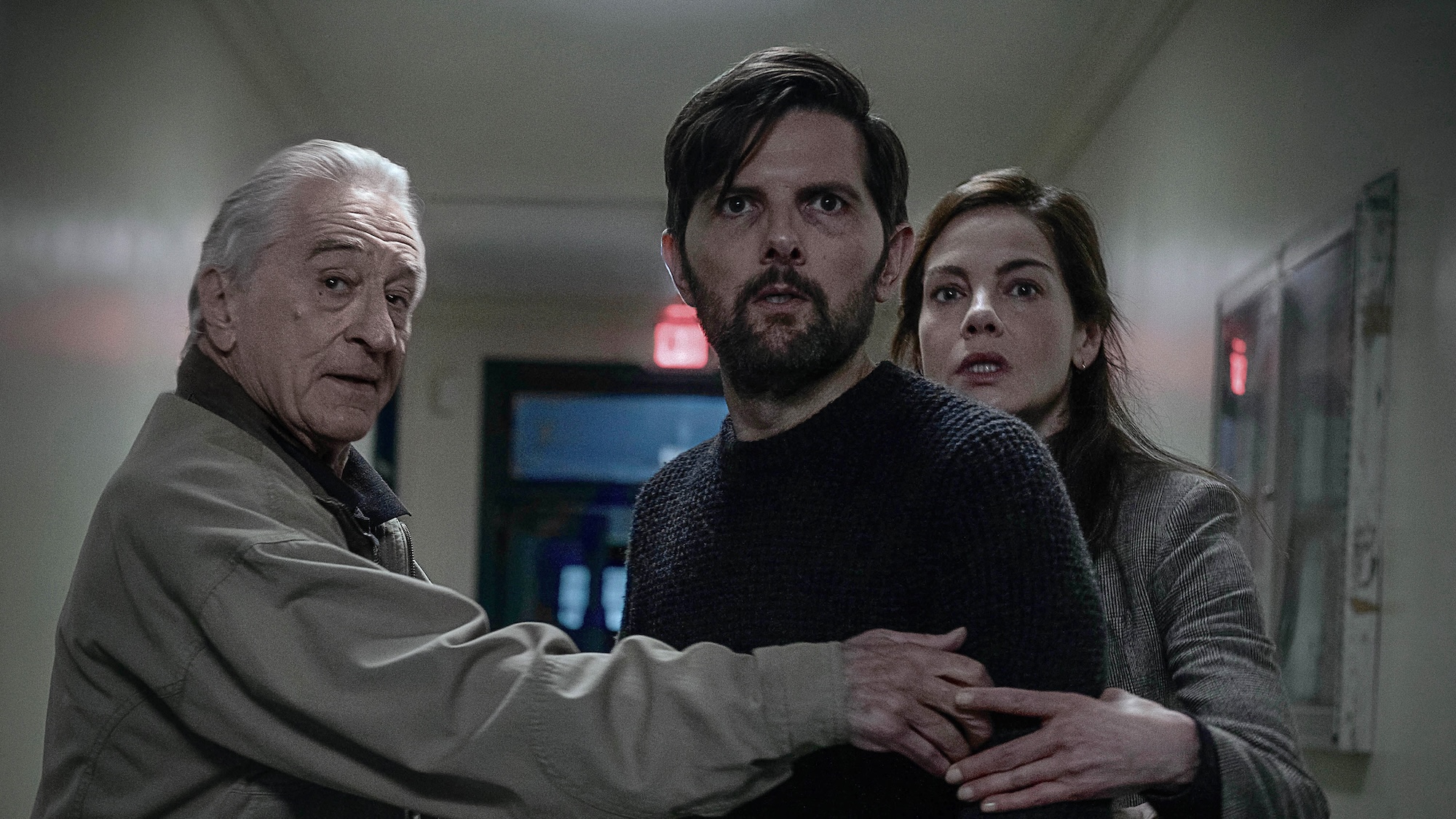 The Whisper Man. (L-R) Robert De Niro as Peter Willis, Adam Scott as Tom Kennedy and Michelle Monaghan as Amanda Beck in The Whisper Man. Cr. David Lee/Netflix &amp;copy; 2026