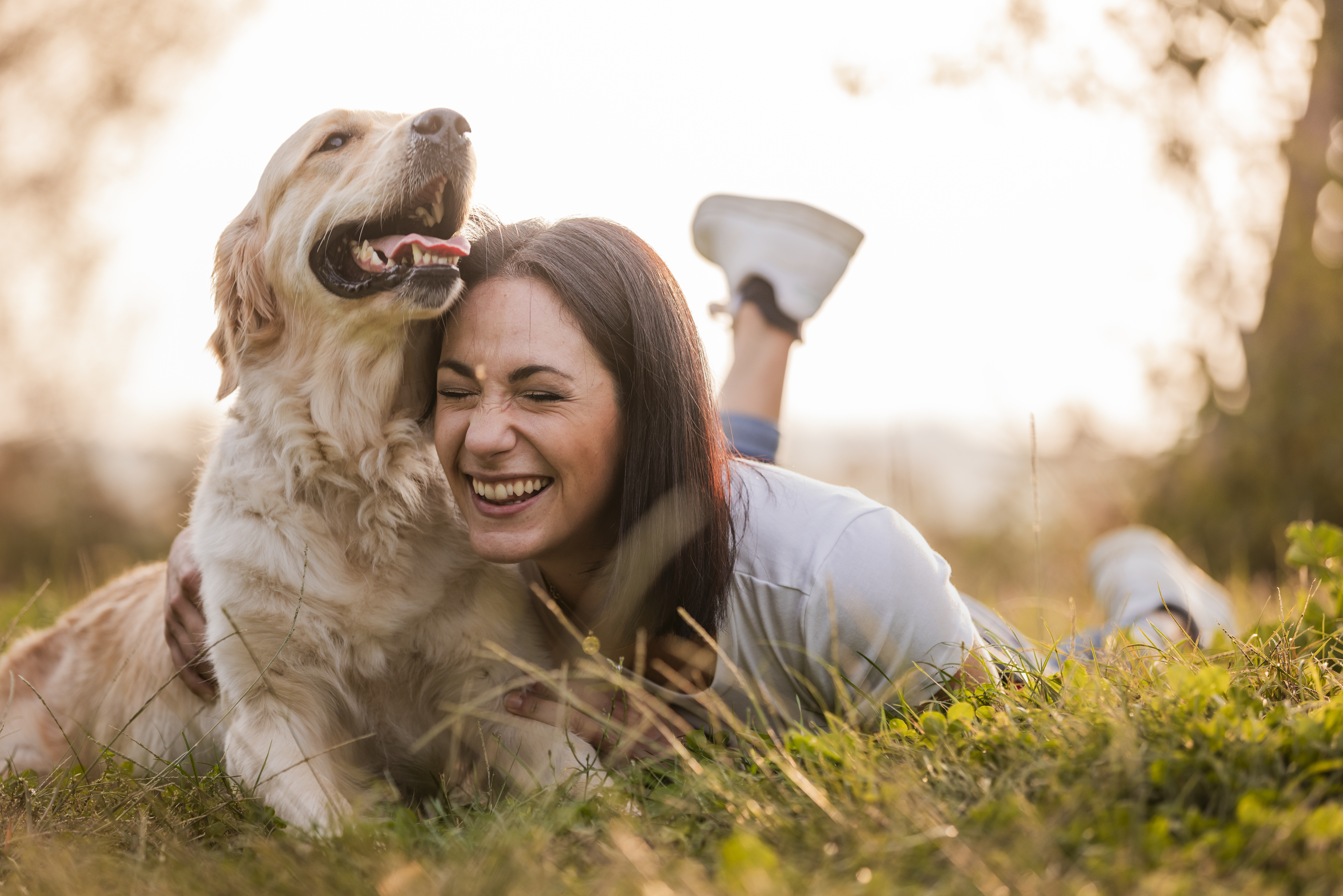 Woman laying on grass with golden retriever