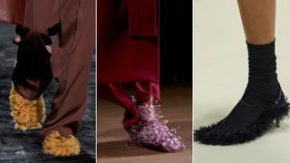fuzzy shoes at Versace, Ferragamo, Jil Sander