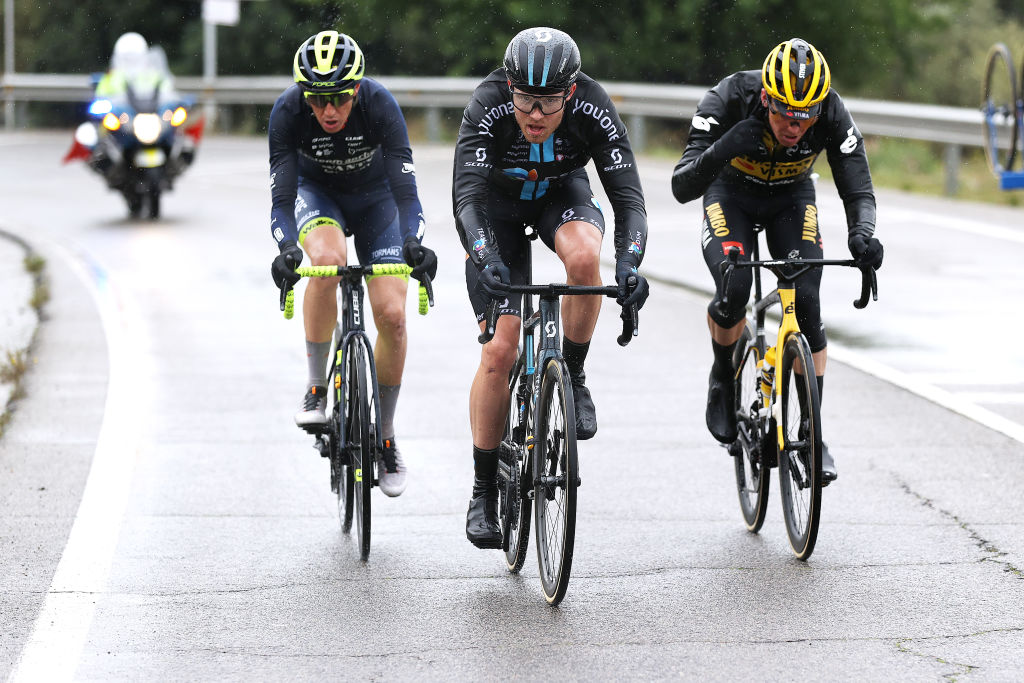 CAMBRILS SPAIN MARCH 26 LR Simone Petilli of Italy and Team Intermarch Wanty Gobert Matriaux Phillip Pedersen Casper of Denmark and Team DSM and Steven Kruijswijk of Netherlands and Team Jumbo Visma attack during the 101st Volta Ciclista a Catalunya 2022 Stage 6 a 1685km stage from Costa Daurada SalouCambrils to Costa Daurada SalouCambrils VoltaCatalunya101 WorldTour on March 26 2022 in Cambrils Spain Photo by Gonzalo Arroyo MorenoGetty Images