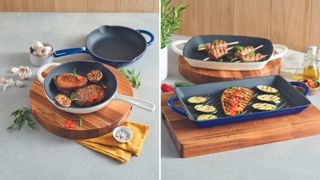 compilation of food display in aldi cast iron cookware on a kitchen countertop