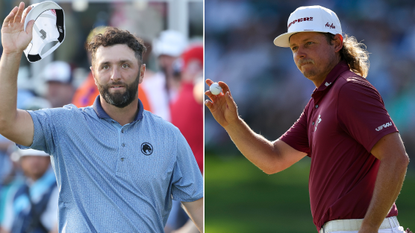 Jon Rahm and Cameron Smith both wave to the crowds after holing a putt
