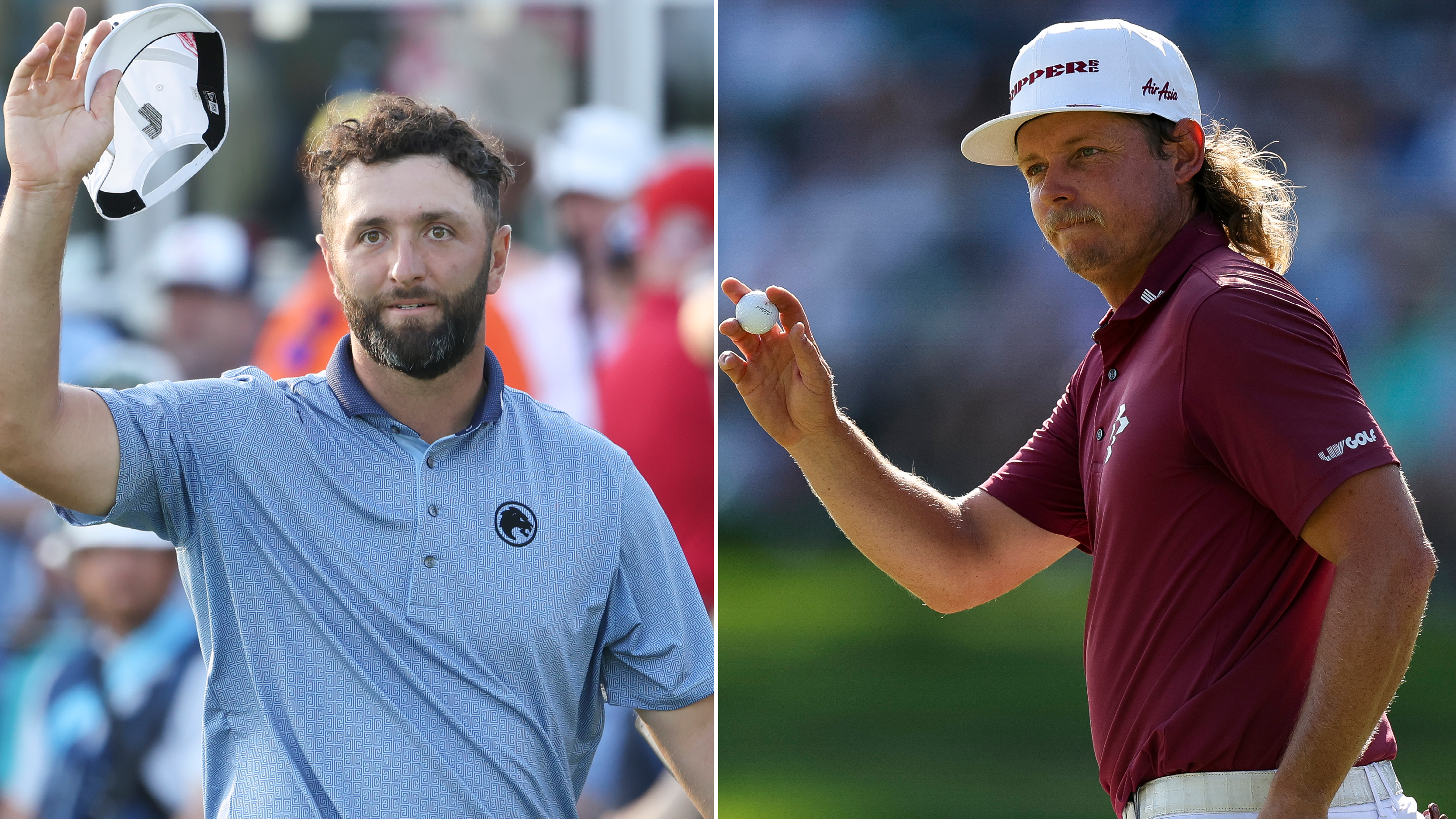 Jon Rahm and Cameron Smith both wave to the crowds after holing a putt