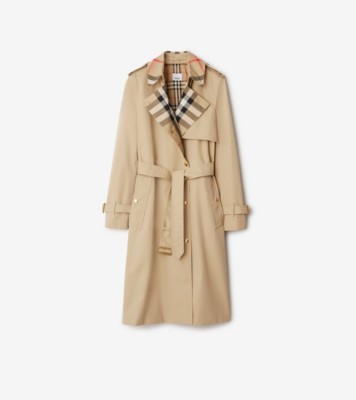 Long Check Collar Gabardine Trench Coat in Honey - Women, Cotton | Burberry® Official