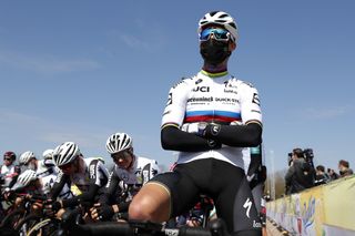 BERG NETHERLANDS APRIL 18 Start Julian Alaphilippe of France and Team Deceuninck QuickStep during the 55th Amstel Gold Race 2021 Mens Elite a 2167km race from Valkenburg to Berg en Terblijt Mask Covid safety measures Amstelgoldrace amstelgoldrace on April 18 2021 in Berg Netherlands Photo by Bas CzerwinskiGetty Images