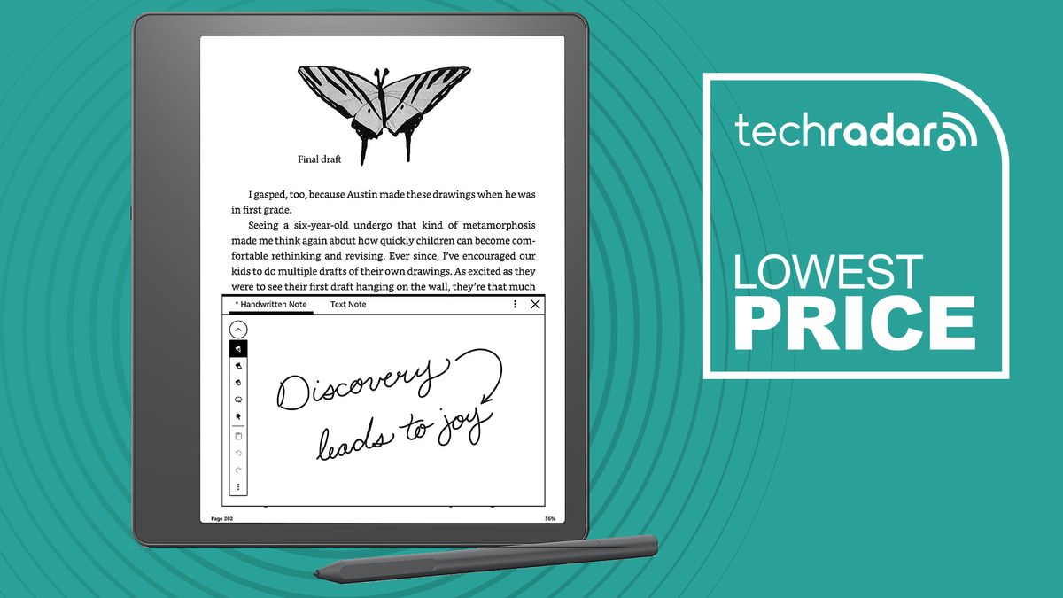 Amazon Kindle Scribe with pen on TechRadar Lowest Price banner