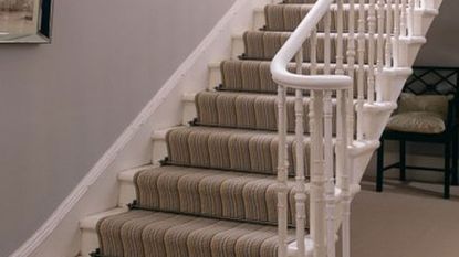 carpeted staircase with stair runner