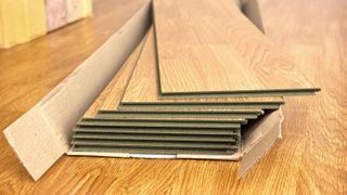 Close up of pack of laminate flooring planks