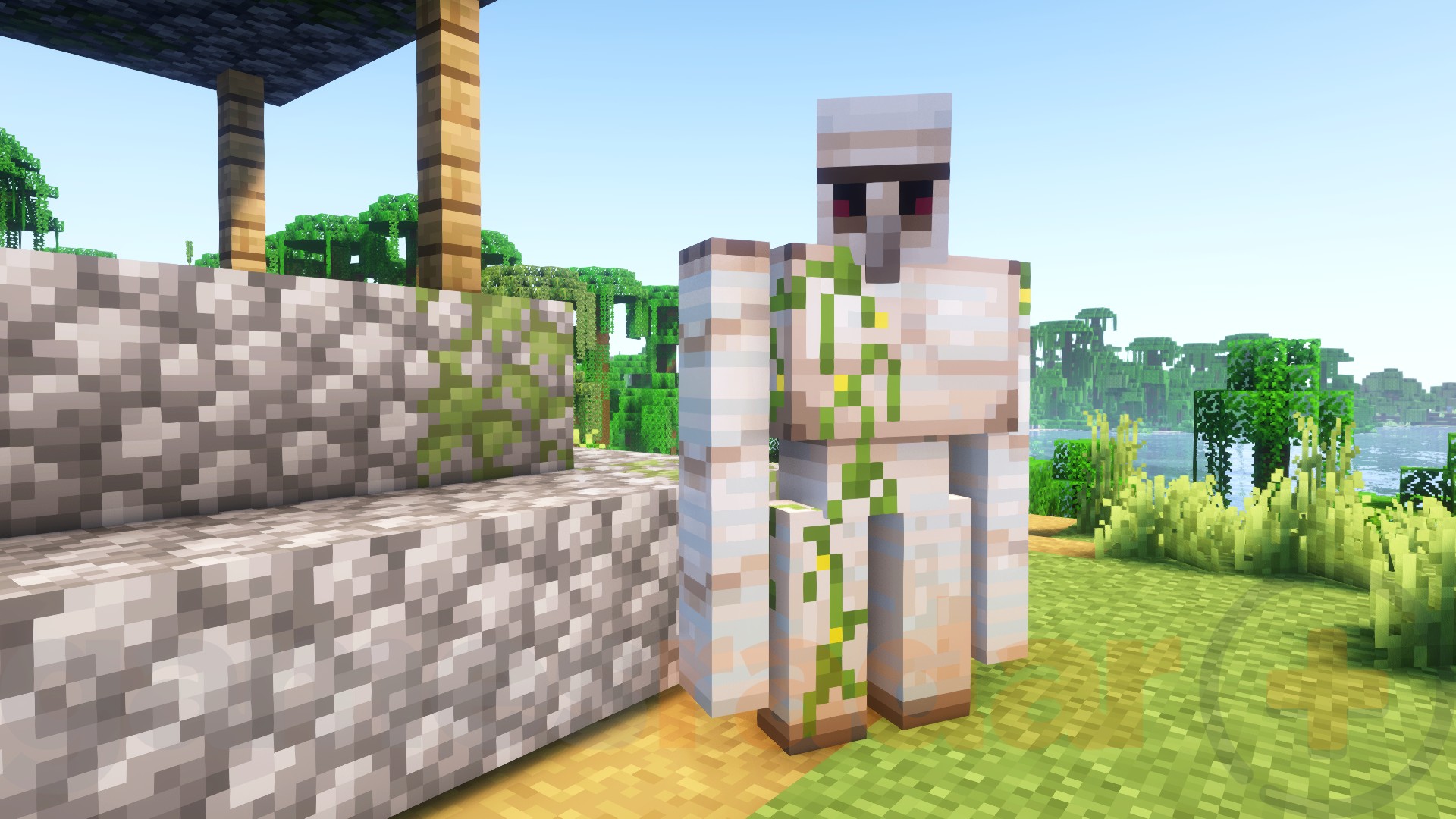 An Iron Golem, one of the neutral Minecraft mobs, looks at the player as they stand in a plains village