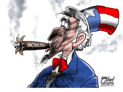 Political cartoon U.S. Uncle Sam civility incivility Trump administration