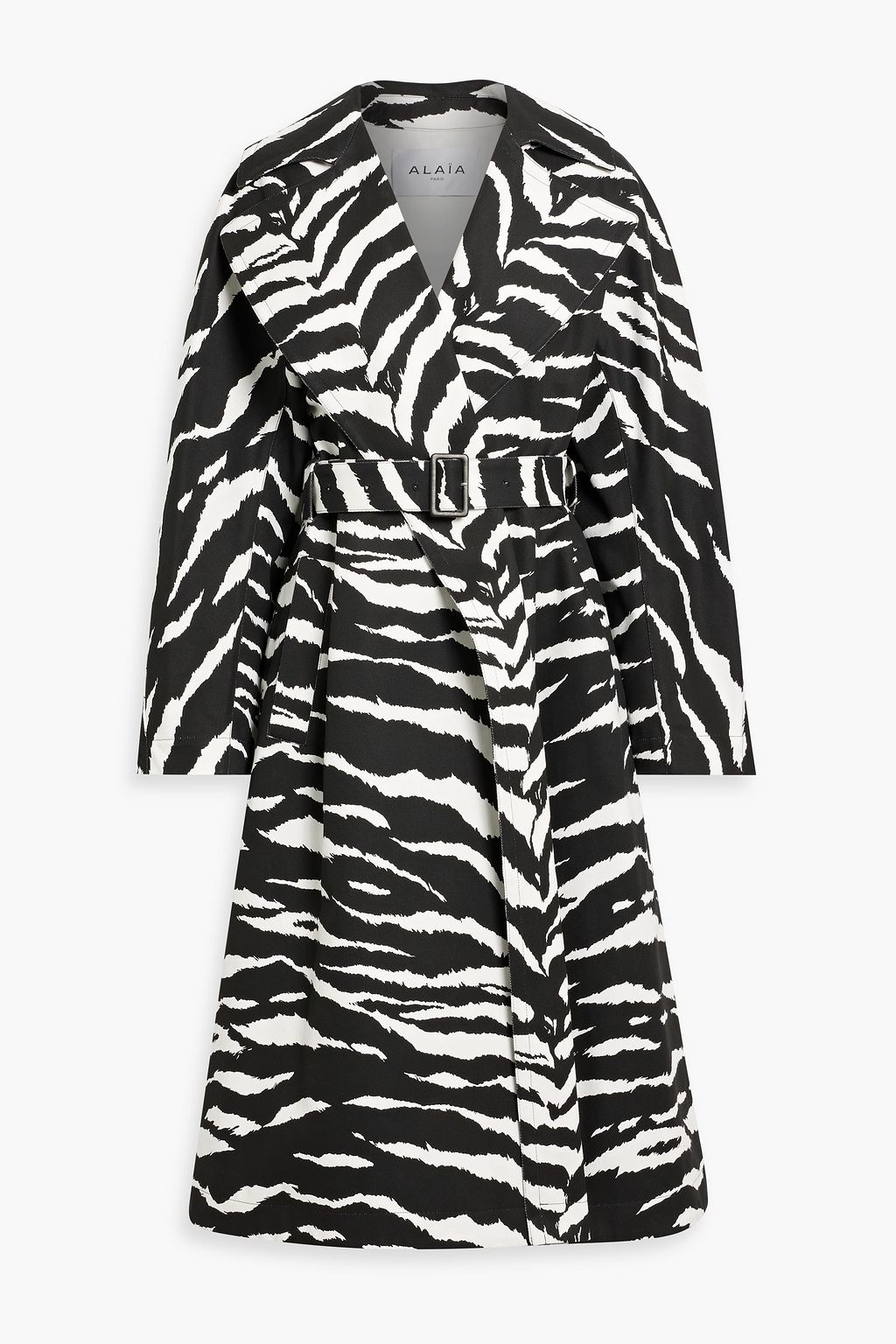 Archetypes Leather-Trimmed Belted Zebra-Print Denim Trench Coat