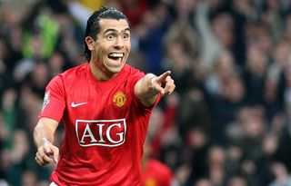 Carlos Tevez points in celebration after scoring for Manchester United against Middlesbrough, 2007