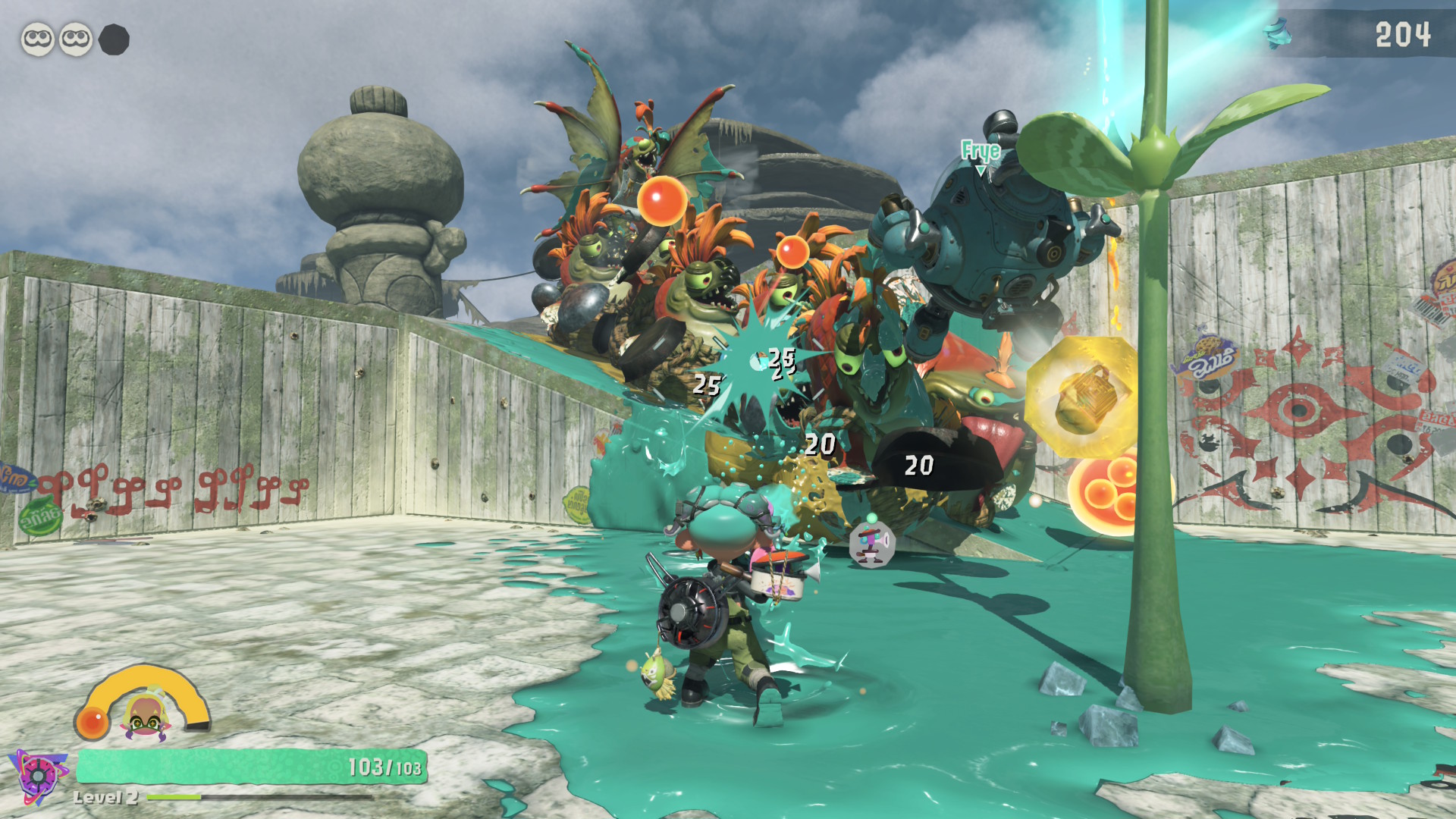 A Squidling blasts a horde of salmonids with green ink in Splatoon Raiders