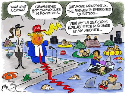 Political cartoon U.S. hurricane Harvey Trump speech crowd