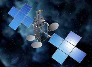 An artist's illustration of the Hispasat 30W-6 communications satellite in orbit.