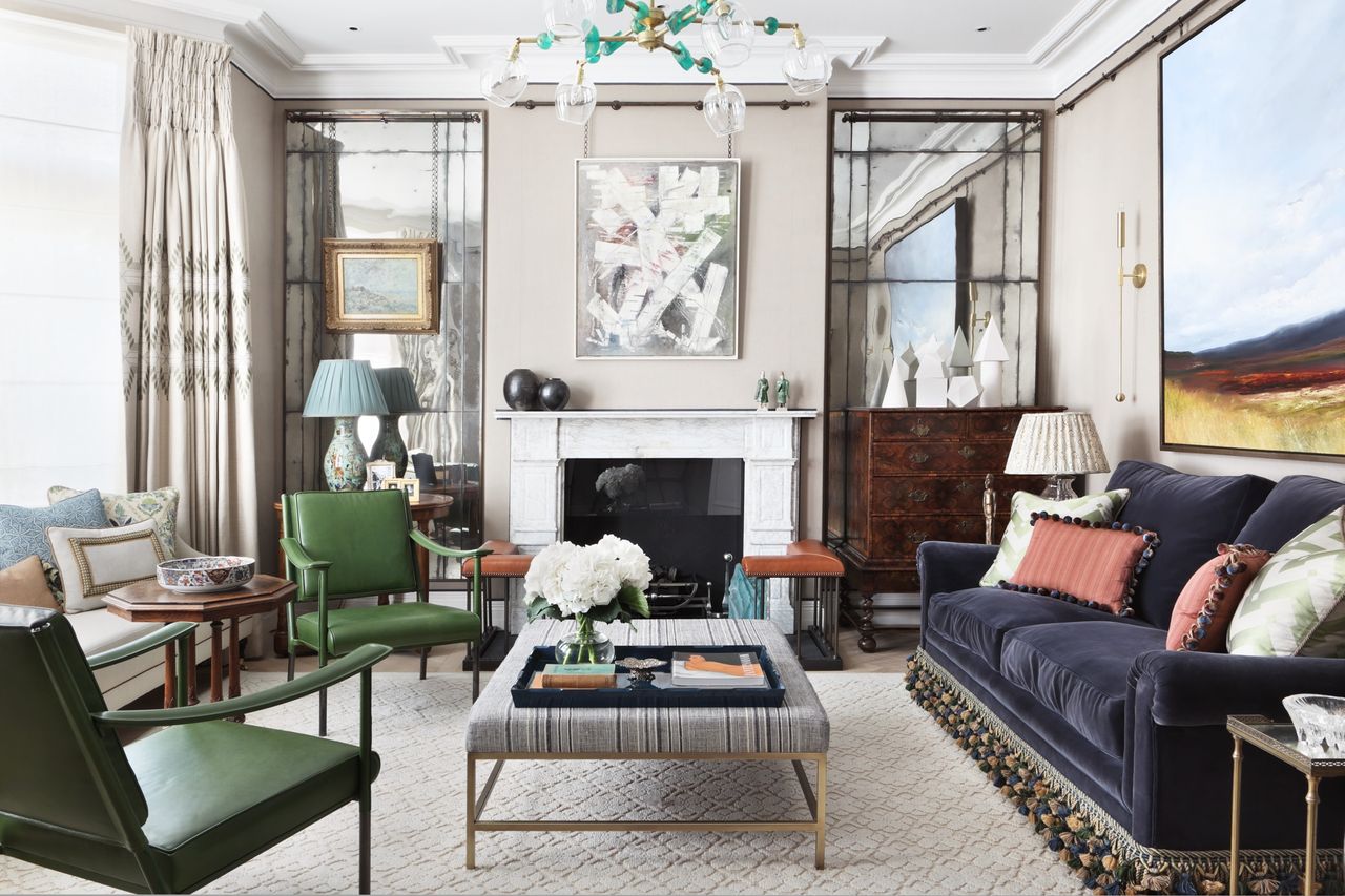 living room with coffee table styling by K&amp;H Design with colorful glass pendant and chinoiserie lamp