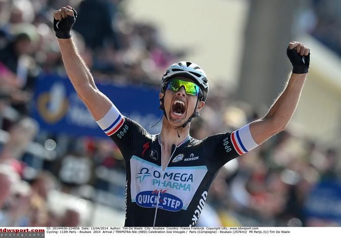 Niki Terpstra (Omega Pharma Quick Step) celebrates Paris-Roubaix victory