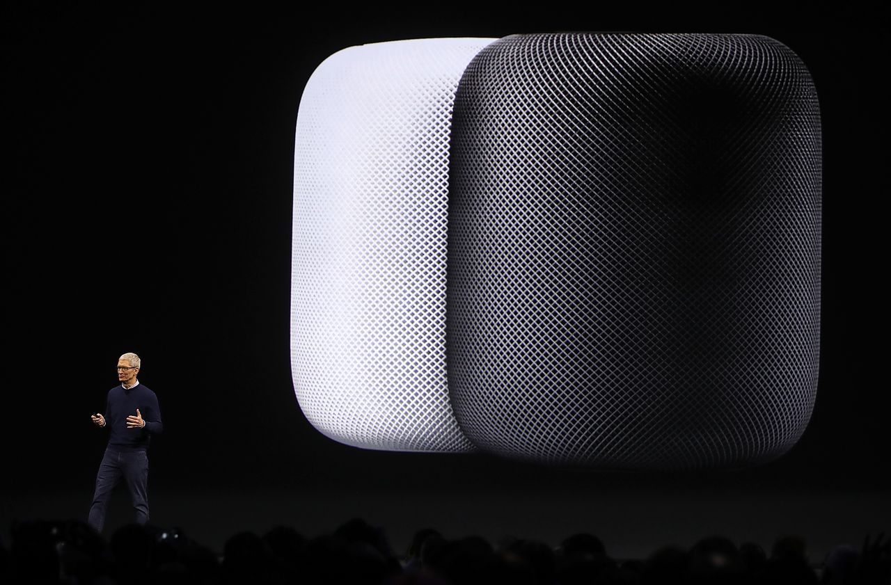 The HomePod speaker on display