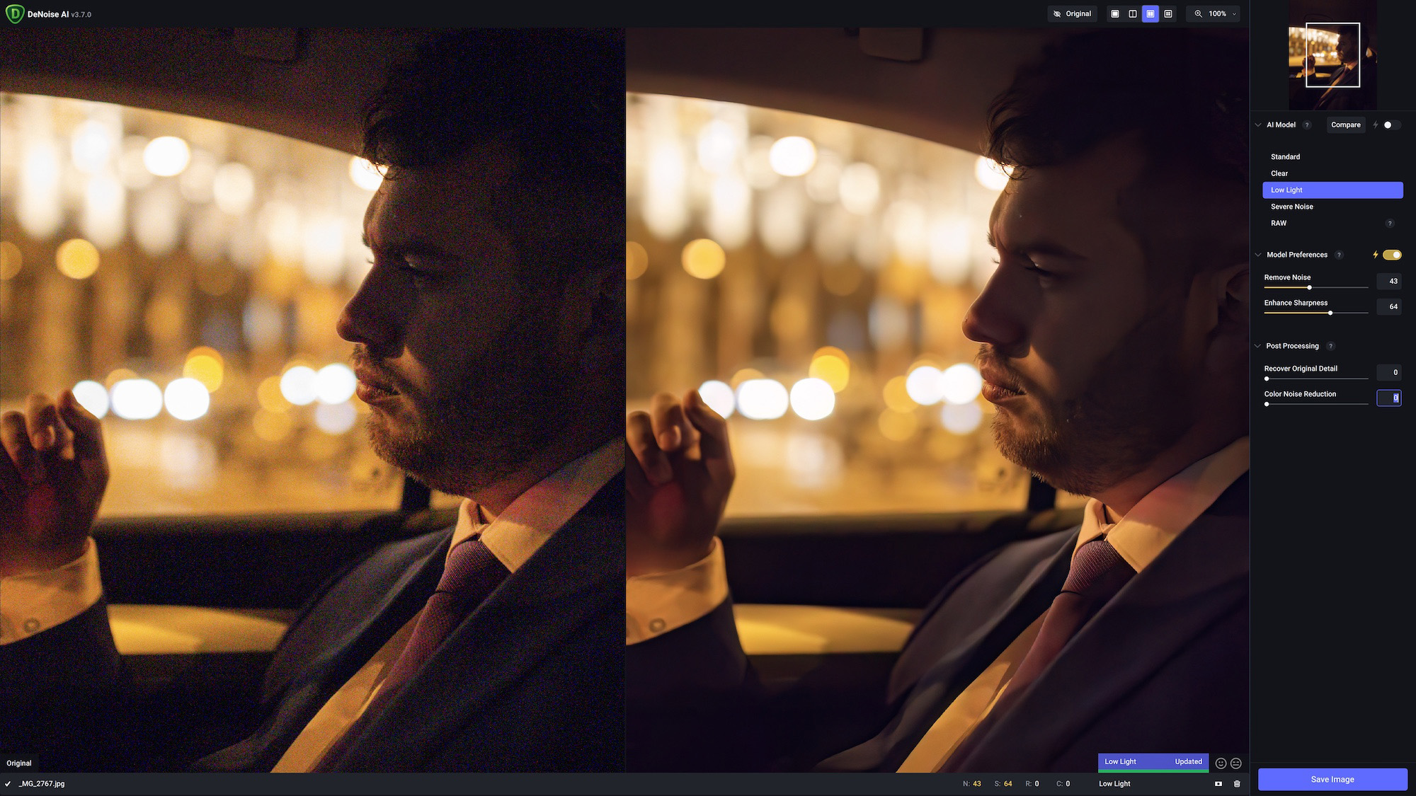 Screenshot of Topaz AI being used to reduce noise in a low-light image