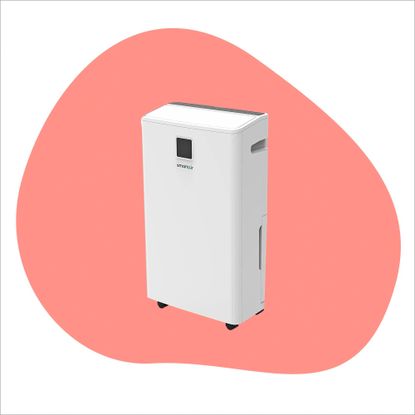SmartAir Dry Zone dehumidifier on a pink graphic background