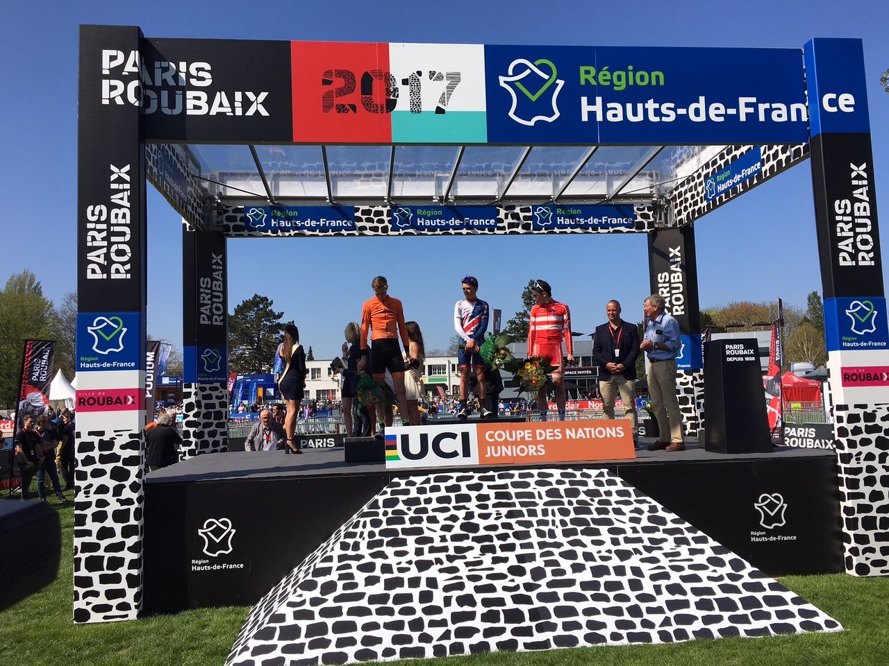 The final podium at the Paris-Roubaix juniors race