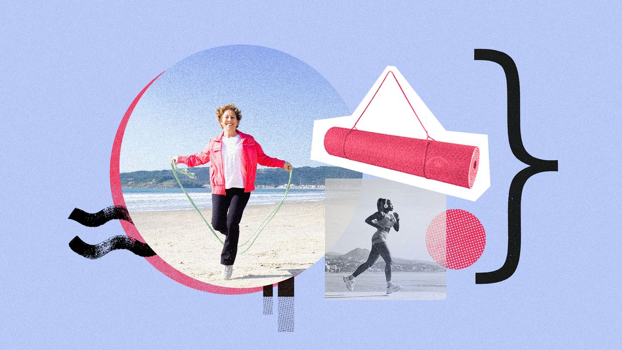 Photo collage of a woman using a skip ropeon the beach, another woman running along a hiking trail, and a product shot of a yoga mat.