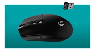 Logitech G305 Lightspeed wireless gaming mouse on a blue background