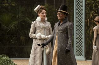 Ruth Gemmell as Violet Bridgerton, Adjoa Andoh as Lady Agatha Danbury in episode 106 of Queen Charlotte: A Bridgerton Story